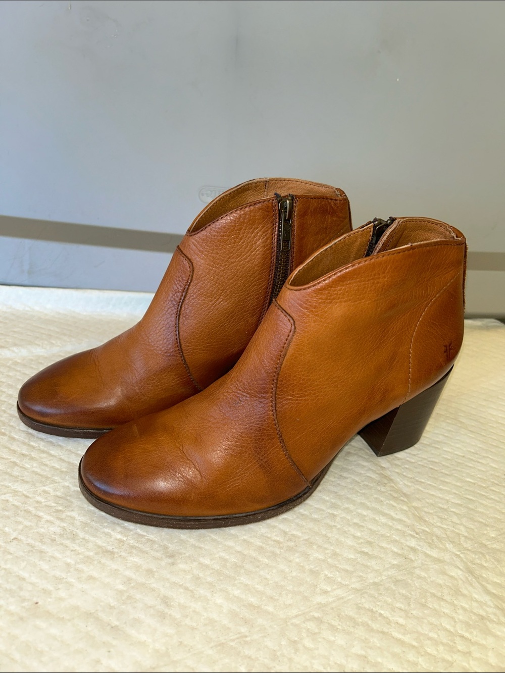 Frye Tan Leather Ankle Booties with Side Zip